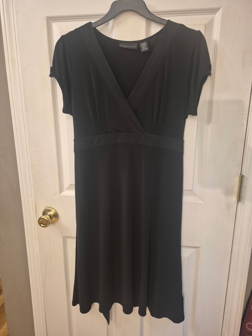 attention Black Short-Sleeve Midi Dress with V-Neck